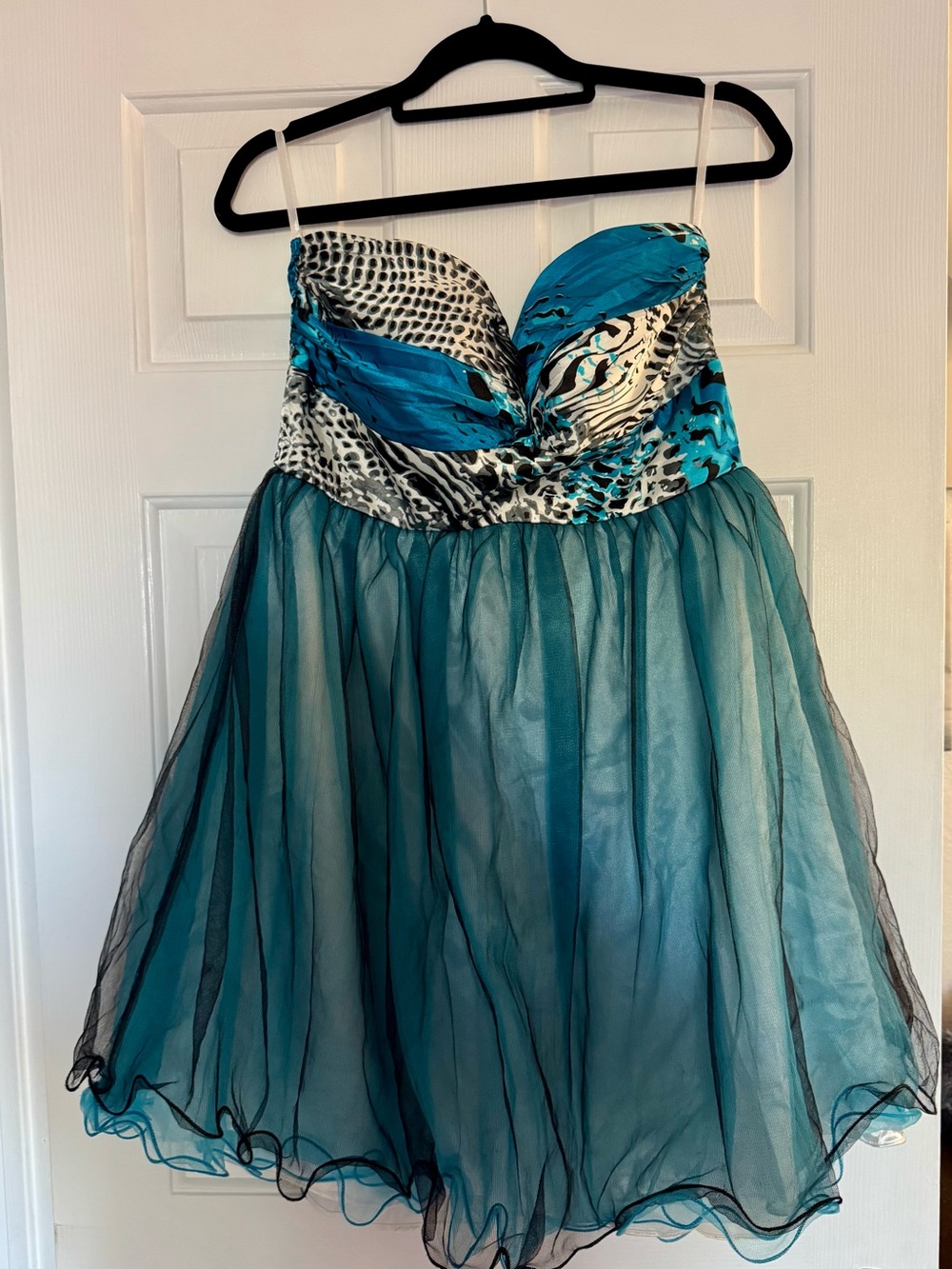 Ever Pretty Teal and Black-White Animal Print Strapless Mini Dress. Size 12. NWT